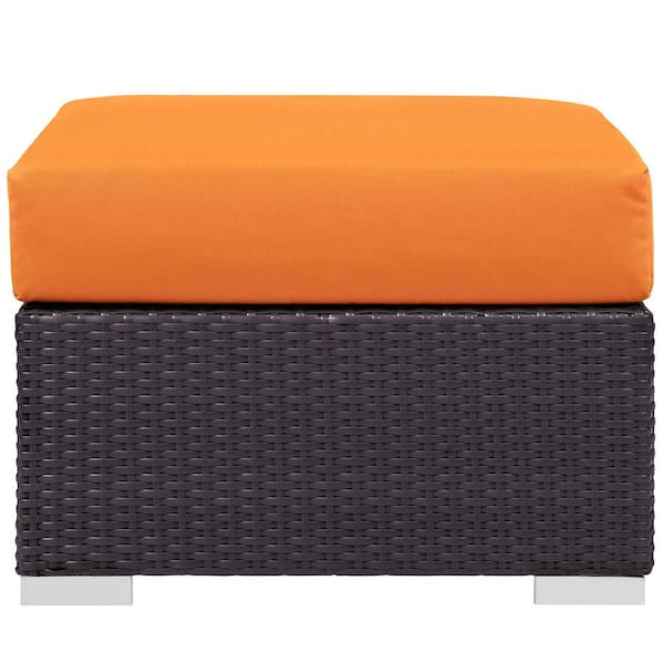 MODWAY Convene Wicker Outdoor Patio Fabric Square Ottoman in Espresso with Orange Cushion