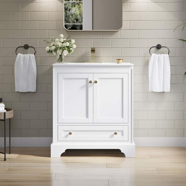 Modern 30 in. Solid Wood Single Sink Freestanding White Bath Vanity with White Ceramic Top