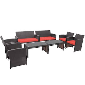 8-Piecce Rattan Patio Conversation Outdoor Furniture Set with Red Cushions