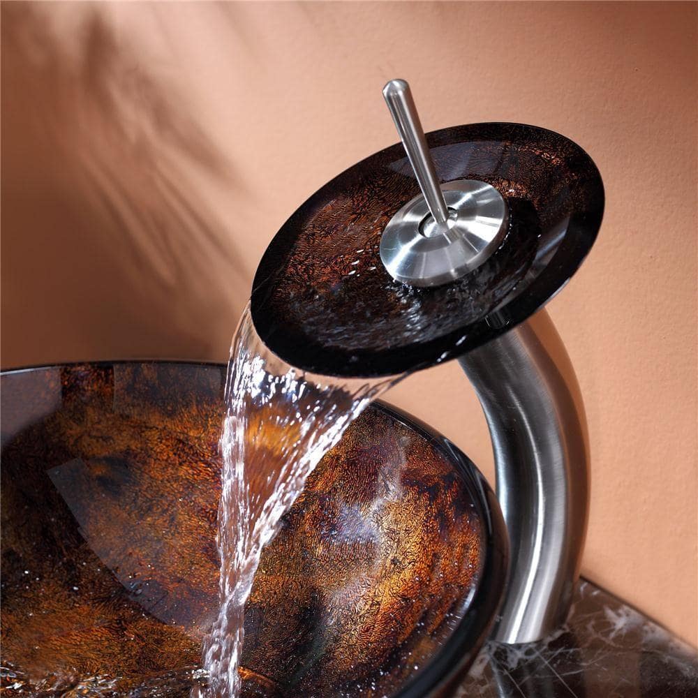 Dark Brown Glass Circular Vessel Sink with Satin Nickel Faucet
