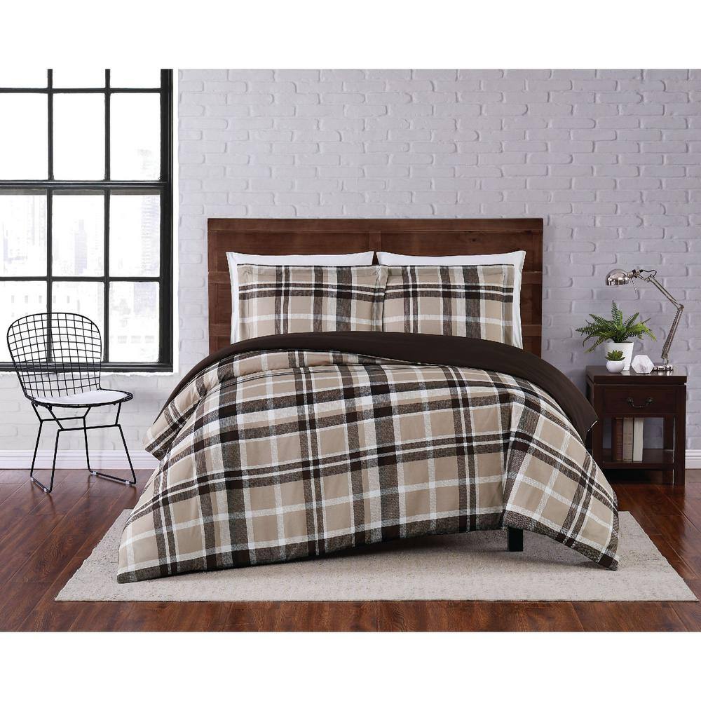 King Size Taupe Plaid Microfiber Duvet Cover Set