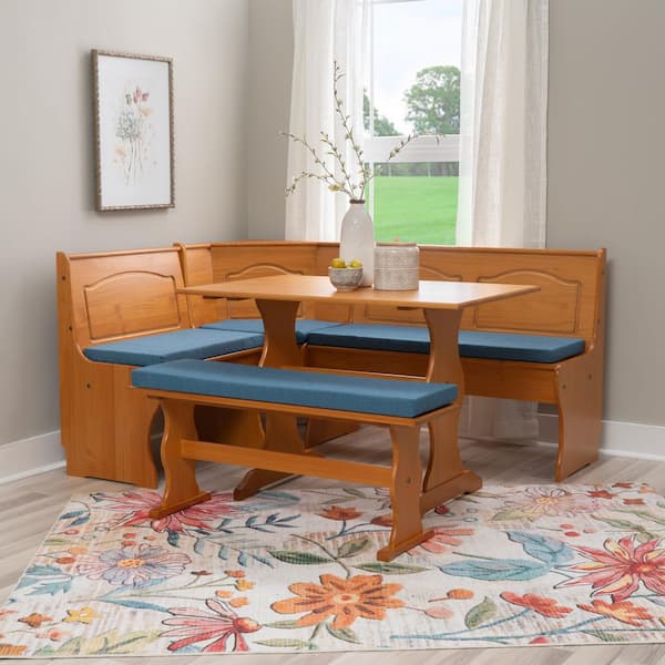 Zoe 4-Piece L-Shape Natural Wood Top Nook Dining Set with Blue Cushions Seats-5