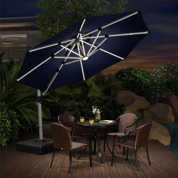 PURPLE LEAF 10 ft. Octagon Aluminum Solar Powered LED Patio Cantilever Offset Umbrella with Base, Navy Blue