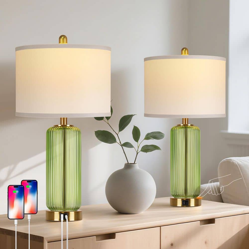 Rottogoon 26'' Modern Green Glass Table Lamps Set of 2,3-Way Dimmable Bedside Lamps with USB A+C Ports& Touch Control for Bedroom WTLP479AG2