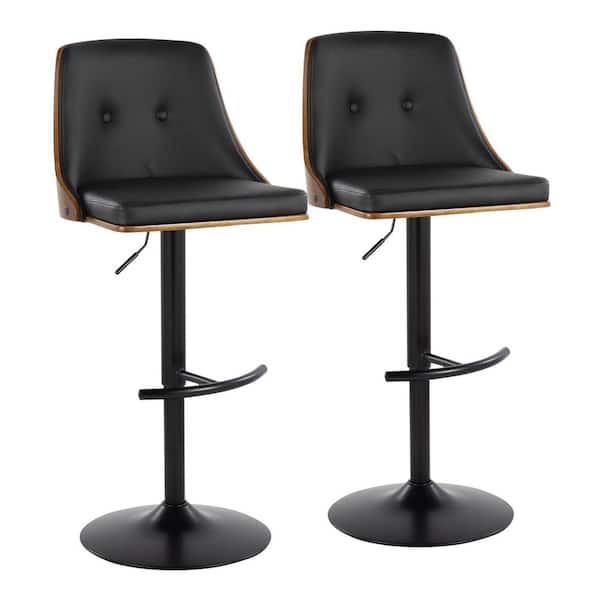 Lumisource Gianna 32.75 in. Black Faux Leather, Walnut Wood and Black Metal Adjustable Bar Stool (Set of 2)