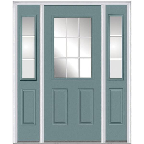 MMI Door 64 in. x 80 in. Internal Grilles Left-Hand 1/2-Lite Clear Painted Fiberglass Smooth Prehung Front Door with Sidelites
