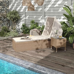 Eira Natural 2-Piece Wicker Outdoor Reclining Chaise Lounge with Capony, Beige Cushions and Table Set