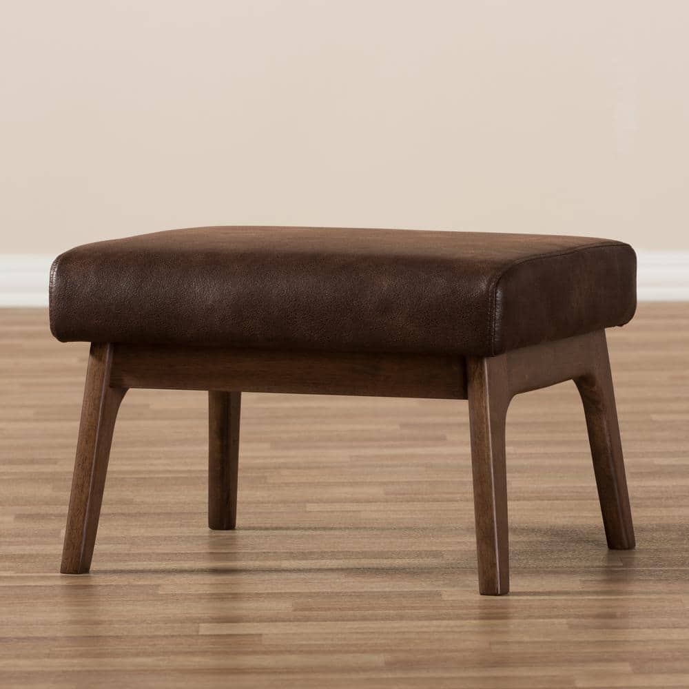 Bianca 19'' Walnut Wood Distressed Dark Brown Faux Leather Ottoman