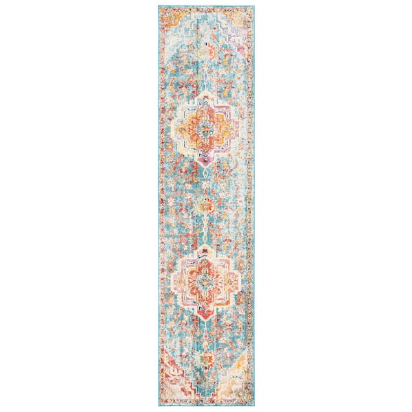 Crystal 2 ft. x 9 ft. Orange/Teal Distressed Border Runner Rug