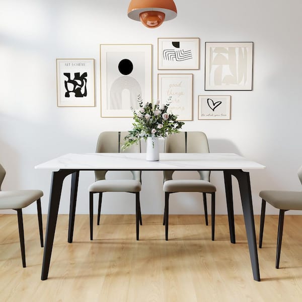 55 in. White Sintered Stone with Black Metal 4-Legs Dining Table (Seats-4)