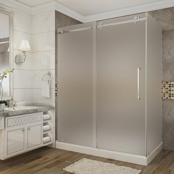 Aston Moselle 60 in. x 35 in. x 77.5 in. Completely Frameless Sliding Shower Enclosure and Frosted in Chrome with Left Base