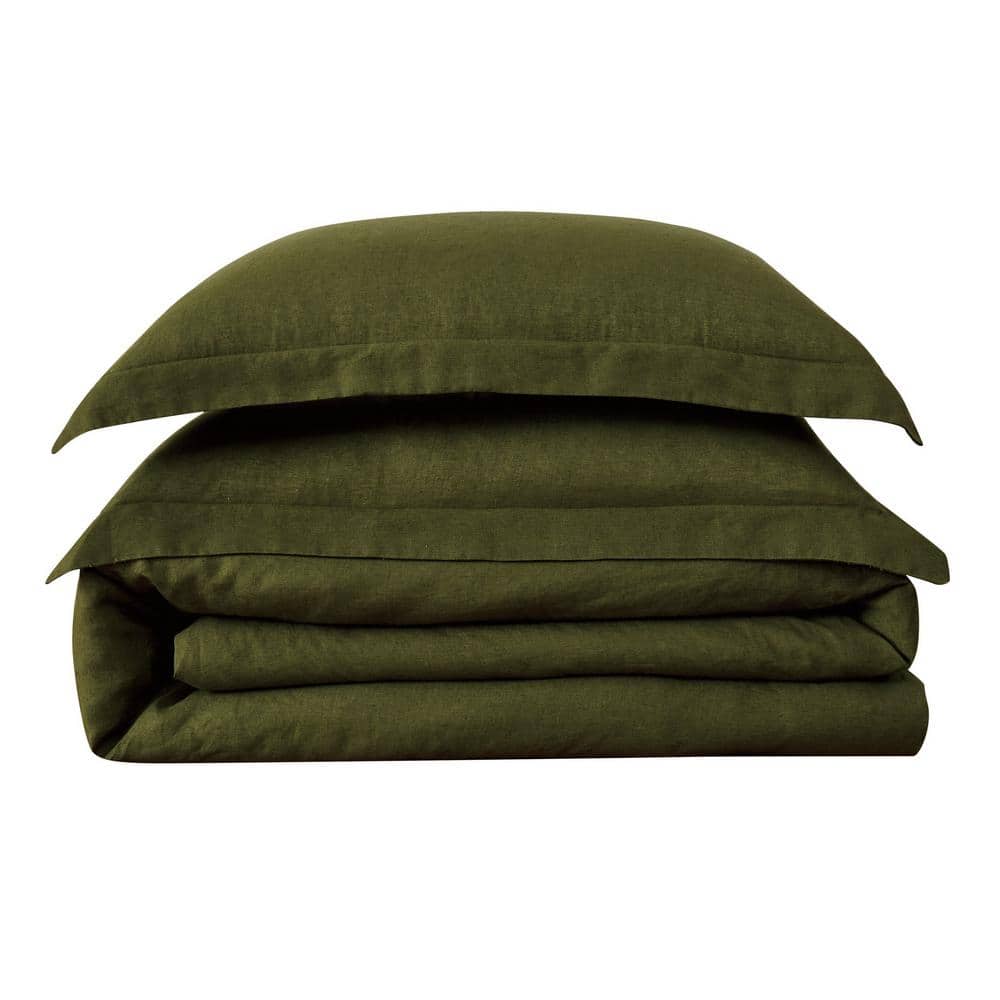 Olive Green Full/Queen Linen Duvet Cover Set