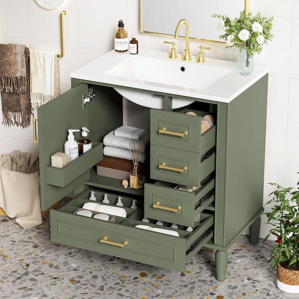 30 in. Single Sink Freestanding Olive Green Bath Vanity with White Ceramic Top, Soft Close Doors
