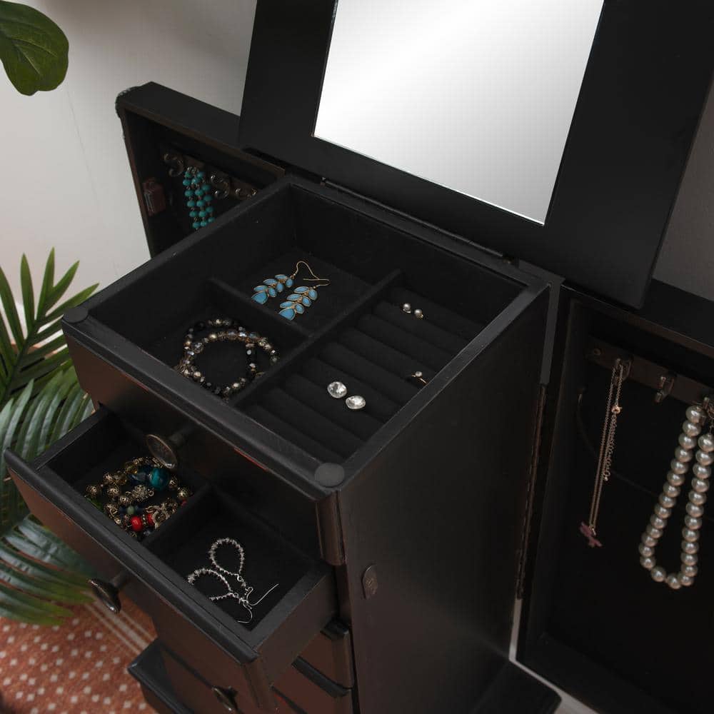 Petite Ebony Black Jewelry Armoire with Mirror and Plush Lining