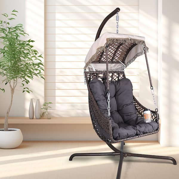 Zeus & Ruta Outdoor Coffee Wicker Patio Swing Rattan Swing Egg Chair with Sunshade Cloth, Courtyard, Black Cushion and Pillow