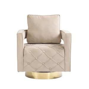 Modern Beige Velvet Swivel Upholstered Barrel Accent Chair with Golden Base