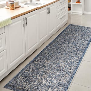 Tela Bohemian Textured Weave Floral Navy/Gray 2 ft. x 8 ft. Indoor/Outdoor Runner Rug