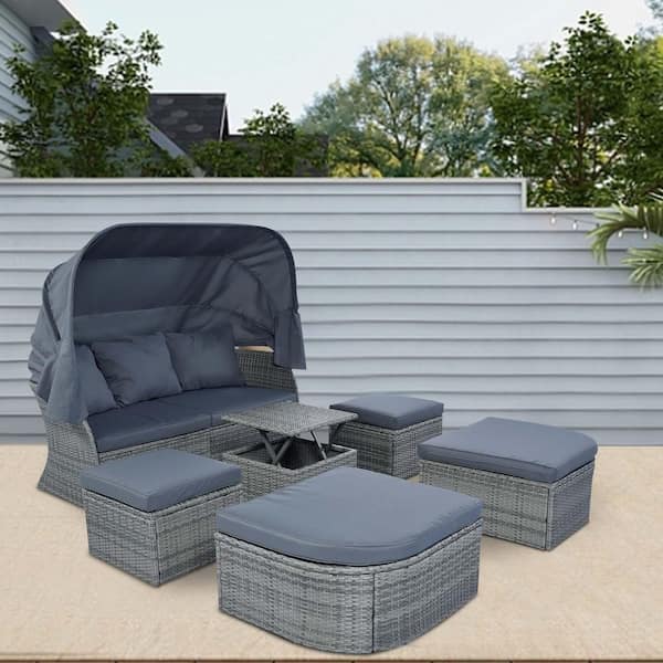 Tunearary 6-pieces Wicker Outdoor Patio Sofa Set Day Bed with Retractable Canopy Conversation Set Furniture Set with Cushions Grey
