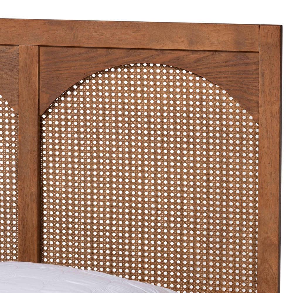 Queen Walnut Wood and Rattan Platform Bed with Headboard