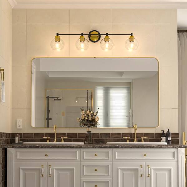 Merra 33.5 in. 4-Light Black & Brass Vanity Light with Clear