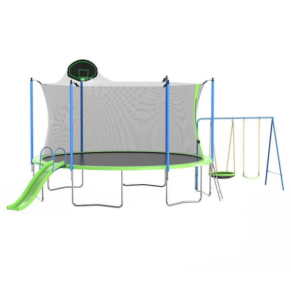 Anky 14 ft. Green Metal Trampolines with Slide and Swings, Basketball Hoop, Ladder, Net, Capacity for Kids and Adults