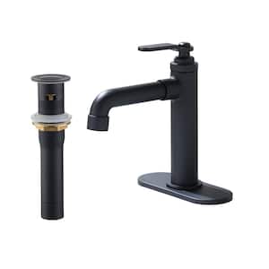 1.2 GPM Single Handle Single Hole Vessel Bathroom Faucet with Deckplate and Pop-Up Drain Kit in Matte Black