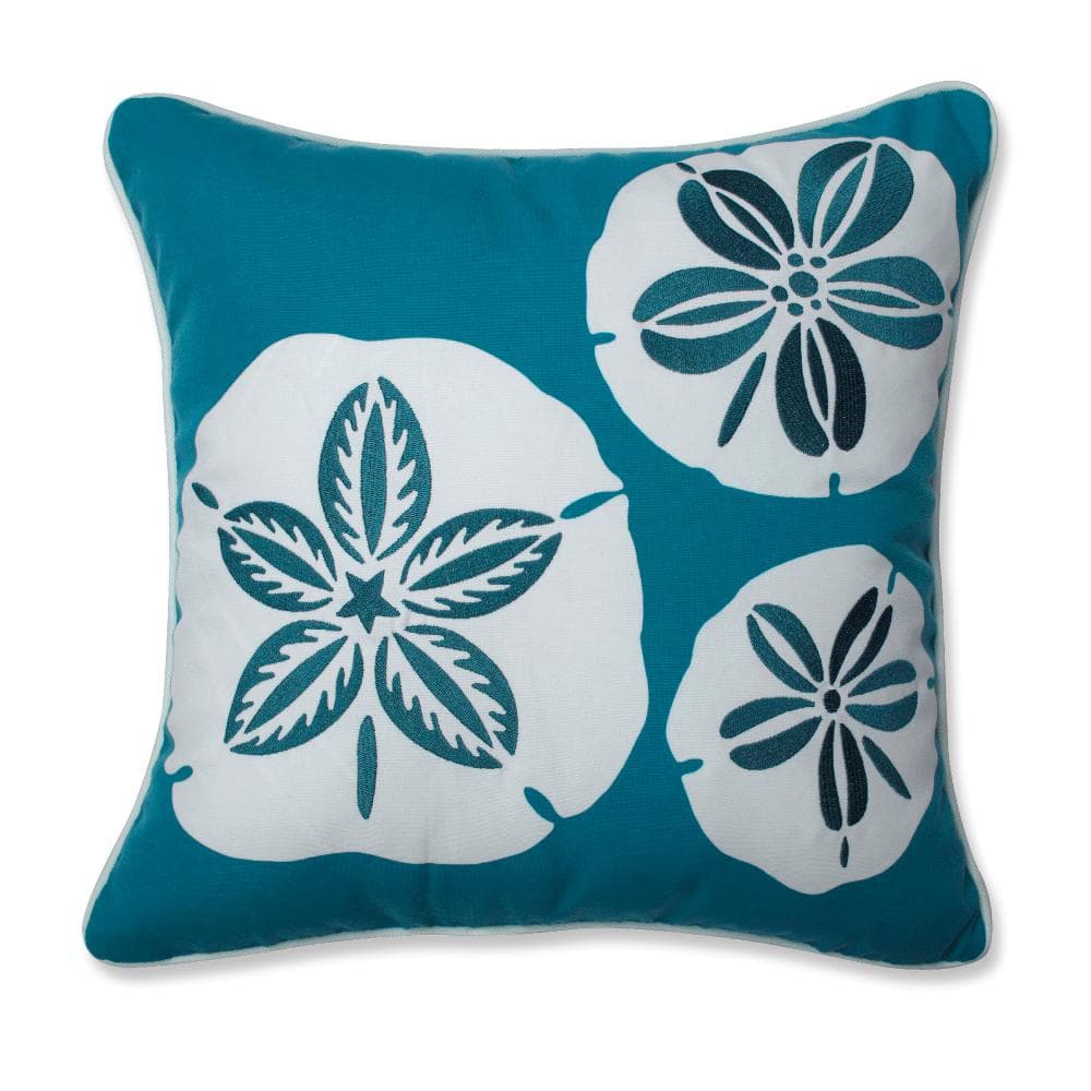 Teal and Off-White Embroidered Square Throw Pillow