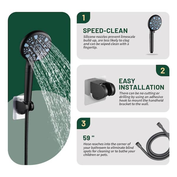Rainfull 2-in-1 9-Spray Patterns Adjustable Wall Mount Shower Head with Filter 1.8 GPM and Handheld Shower Head in Black