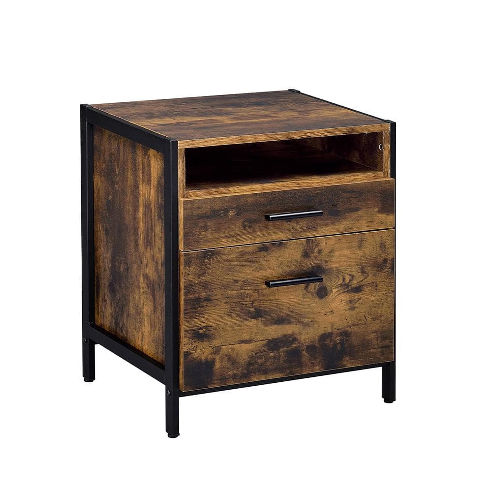 Rustic Oak and Black 2-Drawer Industrial Nightstand