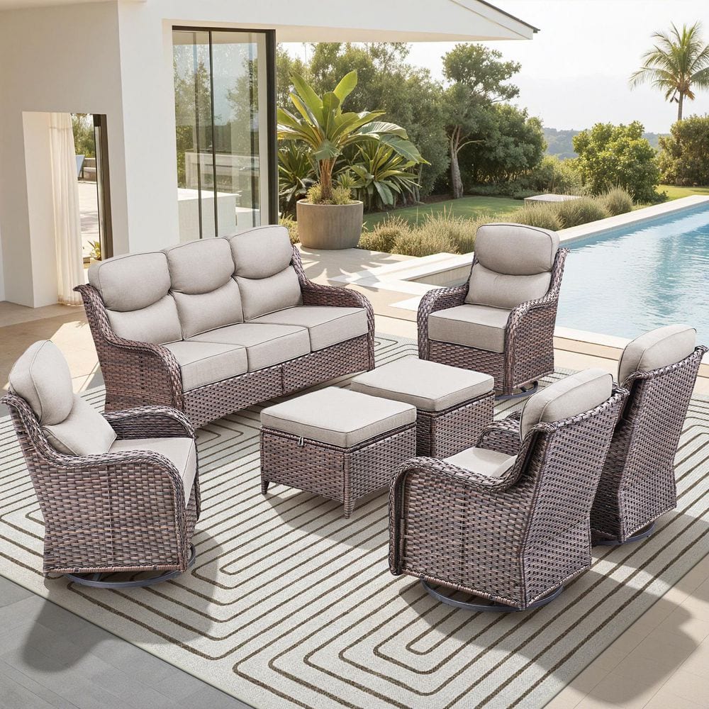 Holion Brown 7-Piece Wicker Patio Conversation Set with Swivel Chairs Outdoor Sofa Seating Set with 6 in. Beige Cushions price history on PriceWatchPro