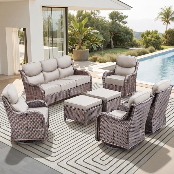 Holion Brown 7-Piece Wicker Patio Conversation Set with Swivel Chairs Outdoor Sofa Seating Set with 6 in. Beige Cushions