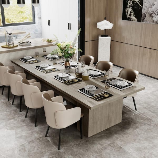 Wooden Gray Wood Grain 118 in. Width Rectangle Double Pedestal Double-based Dining Table for 10