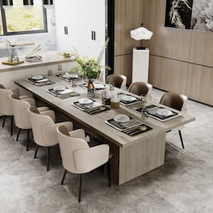 Wooden Gray Wood Grain 118 in. Width Rectangle Double Pedestal Double-based Dining Table for 10