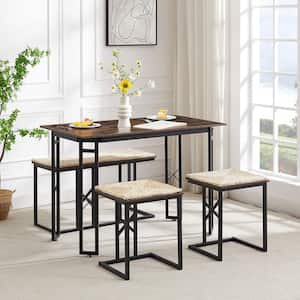 Dining Table Set for 4 Brown Wood Dinning Table with 3 Benches, Woven Cushion and Adjustable Feets Dinning Set, 43.3 in.