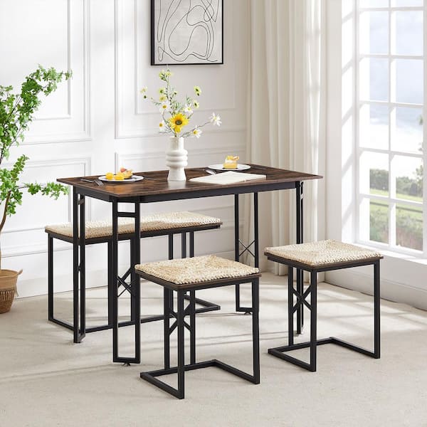 VECELO Dining Table Set for 4 Brown Wood Dinning Table with 3 Benches, Woven Cushion and Adjustable Feets Dinning Set, 43.3 in.