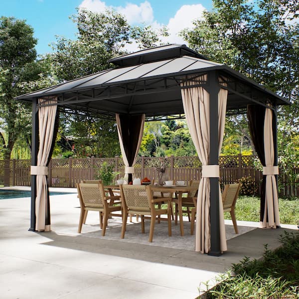 10 ft. x 12 ft. Hardtop Outdoor Gazebo with Double Galvanized Steel Roof, Included Mosquito Netting and Curtains