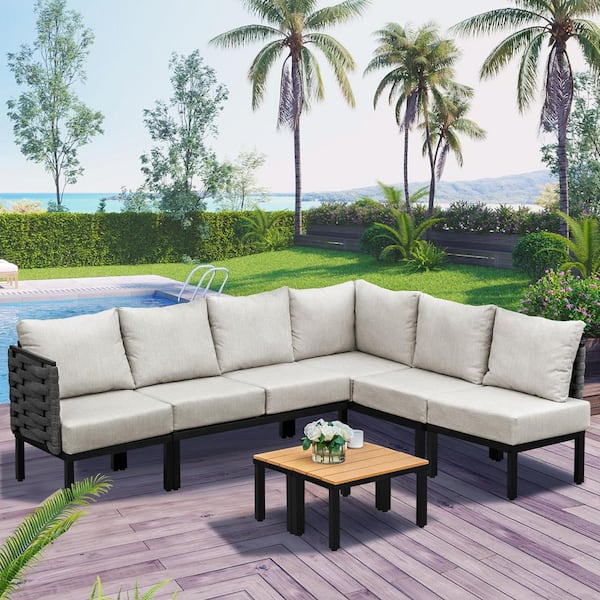 INNUMIA 8 Pieces Black Metal Outdoor Patio Conversation Set with 6 in. Gray Cushions, L-Shaped Sectional Sofa w/ Coffee Table