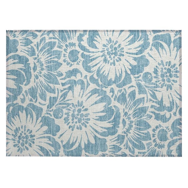 Floral Rectangular Rug HomeRoots Denim and Ivory 2 ft. x 3 ft. Woven Floral Rectangle Indoor ...