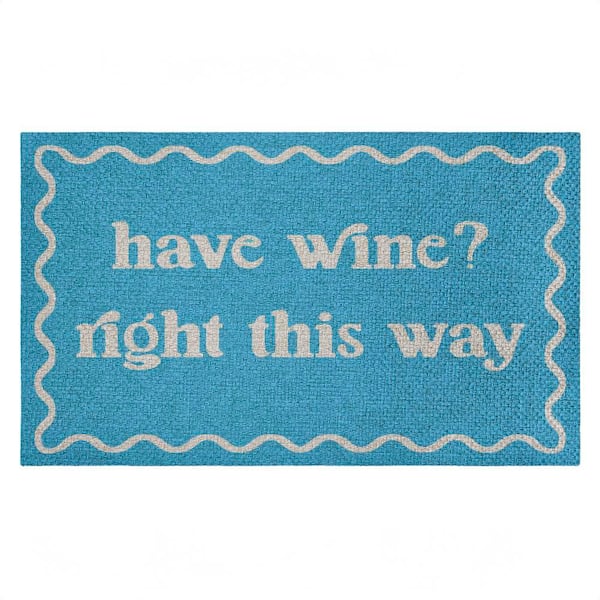 Blue Have Wine Greeting Blue 18 in. x 30 in. Polyester Non-Slip Outdoor Door Mat