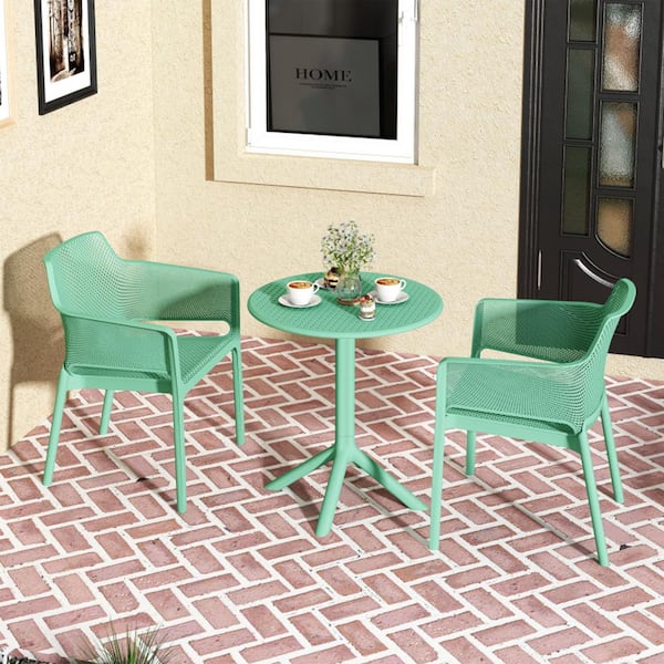 3-Piece Ocean Plastic Round Arm Outdoor Bistro Set in Army Green