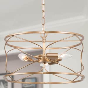 15.5 in. 3- -Light Brass Drum Chandelier with Wire Metal Cage