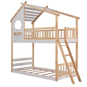 Natural Twin Over Twin Wood Bunk Bed with Roof, Window and Ladder
