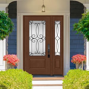 Regency 51 in. x 80 in. 3/4-Lite Georgian Decorative Glass LHIS Chestnut Mahogany Fiberglass Prehung Front Door 12 in.SL