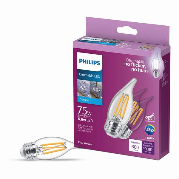 Philips 75-Watt Equivalent BA11 Dimmable Edison Glass LED Candle Light Bulb Bent Tip Medium Base Daylight (5000K) (6-Pack)