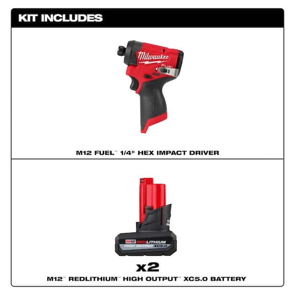 M12 FUEL 12V Lithium-Ion Brushless Cordless 1/4 in. Hex Impact Driver with M12 XC High Output 5.0 Ah Battery Pack