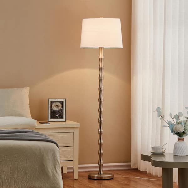 KAWOTI 61 in. Brushed Nickel Floor Lamp with White Fabric Shade