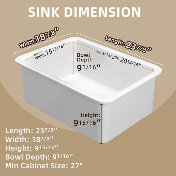Zeafive Ale 24 in. White Kitchen Sink Fireclay Drop-in