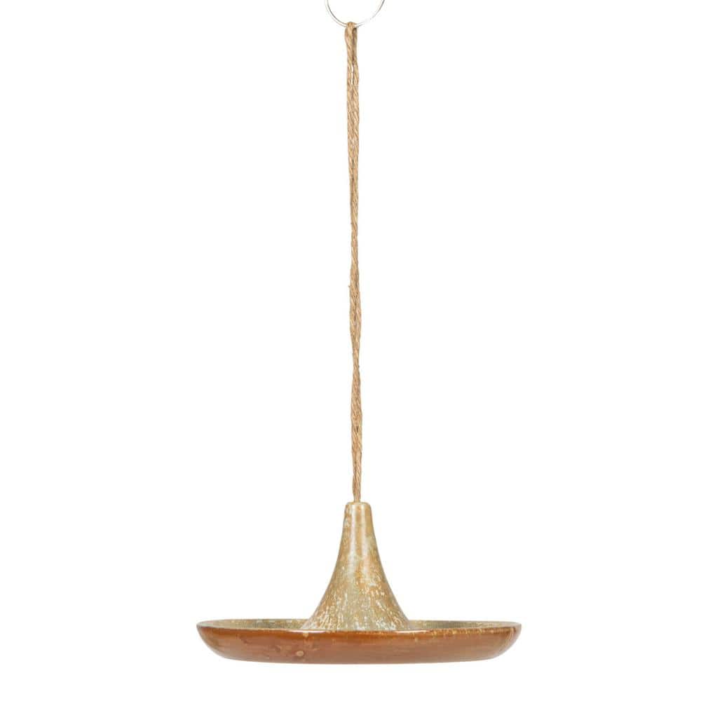 Tan Reactive Glaze Ceramic Hanging Bird Feeder with Jute Hanger