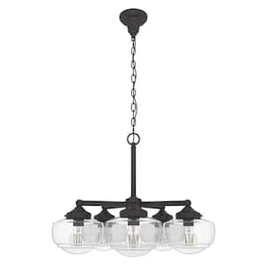 Saddle Creek 5-Light Noble Bronze Schoolhouse Chandelier with Clear Seeded Glass Shades