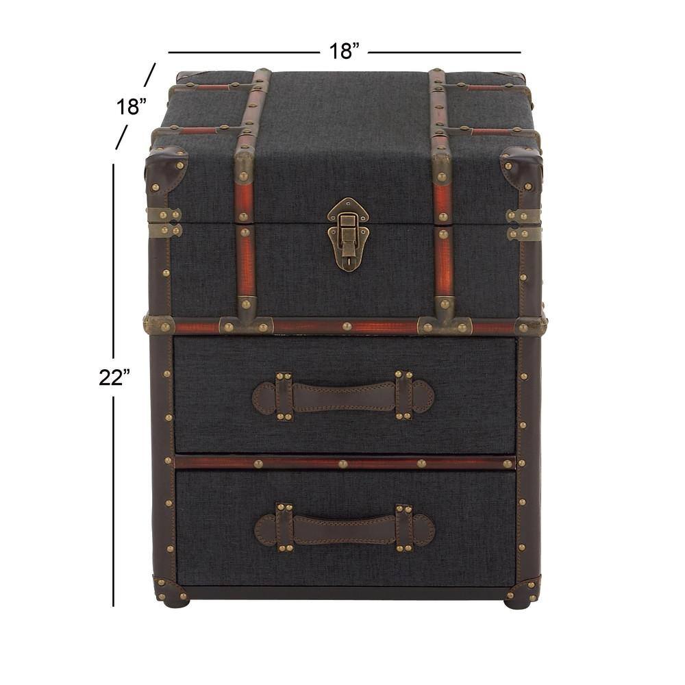 Dark Blue Linen Upholstered Wood End Table with Storage